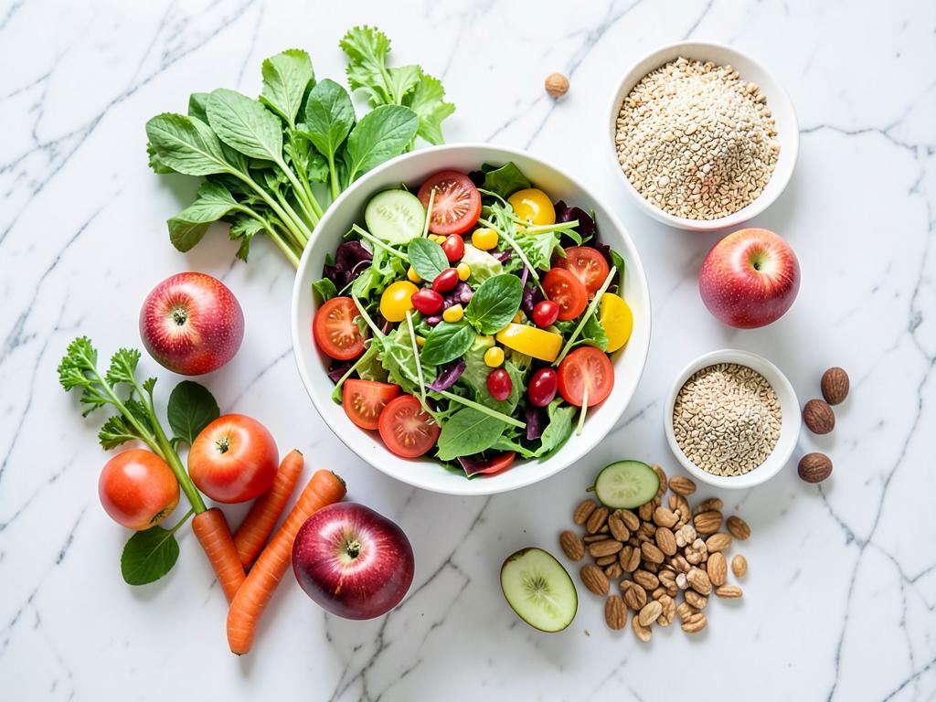 Fresh healthy food, salad and vegetables on a marble surface