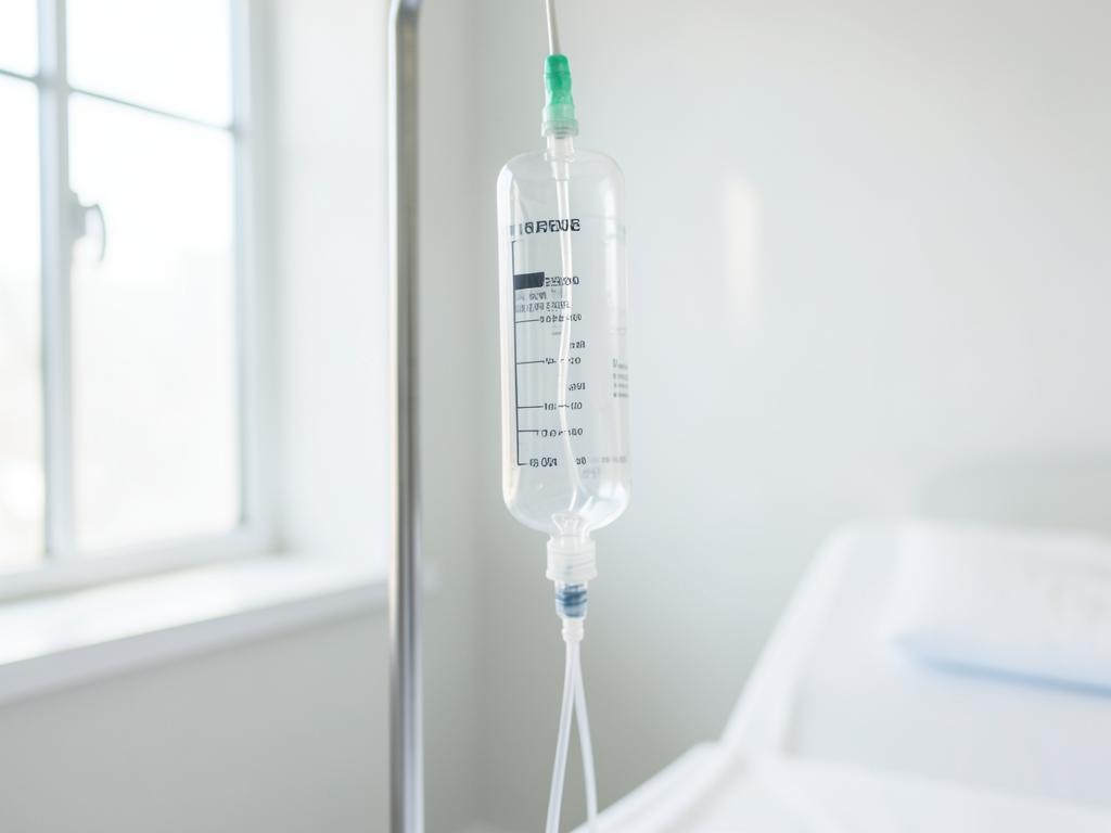 IV infusion drip bag on a stand in a bright treatment room