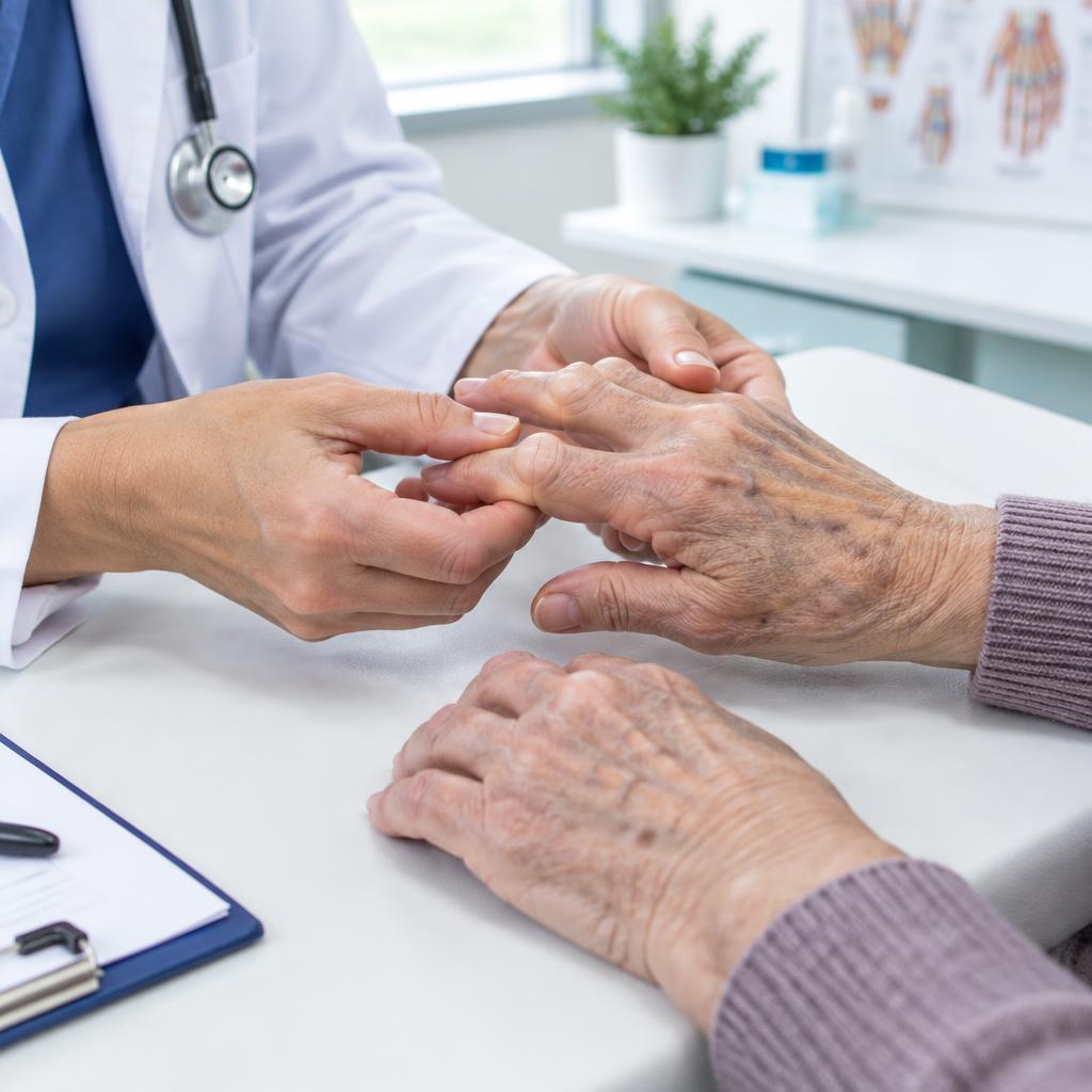 A doctor examining the finger joints of an older patient's hands
