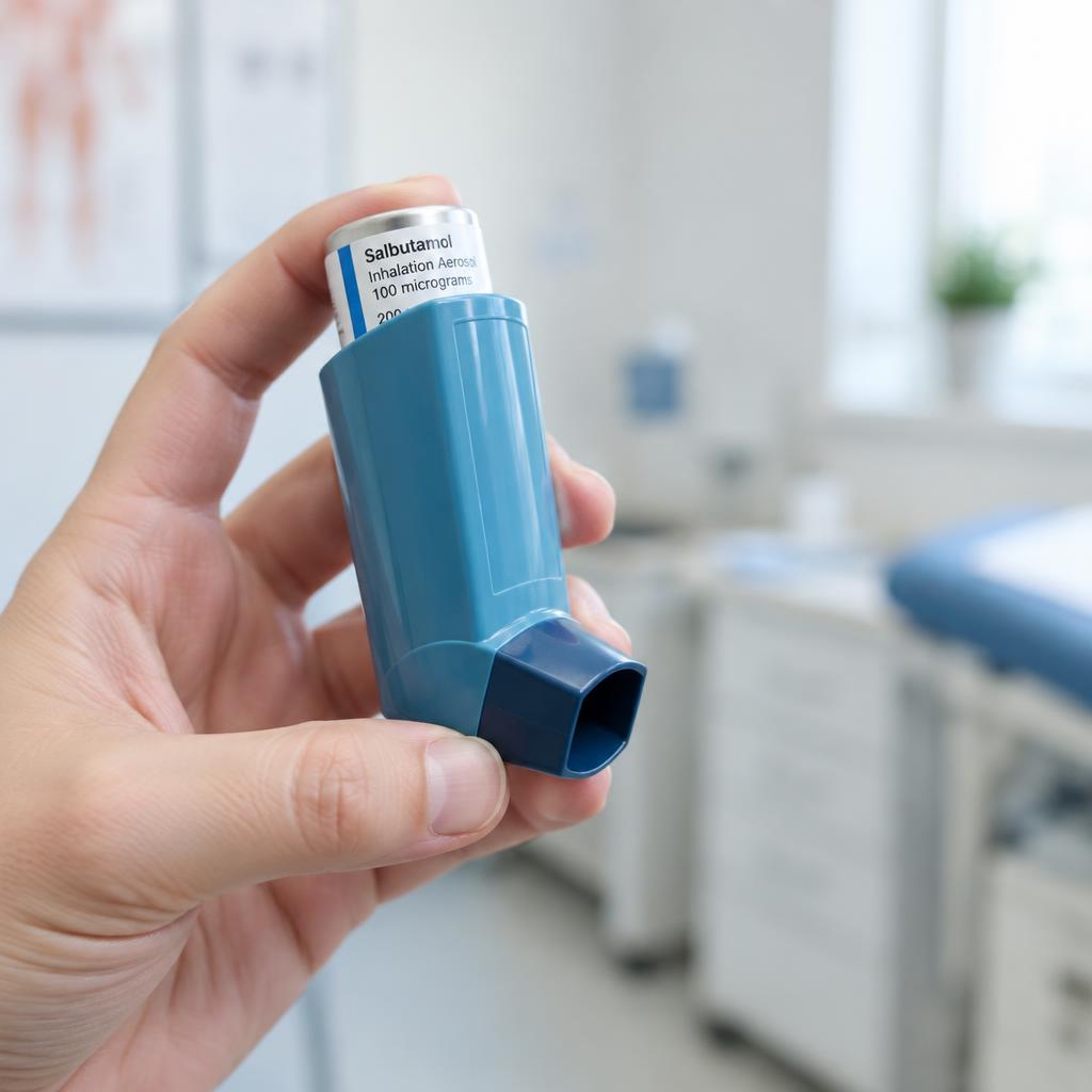 A hand holding a blue asthma reliever inhaler
