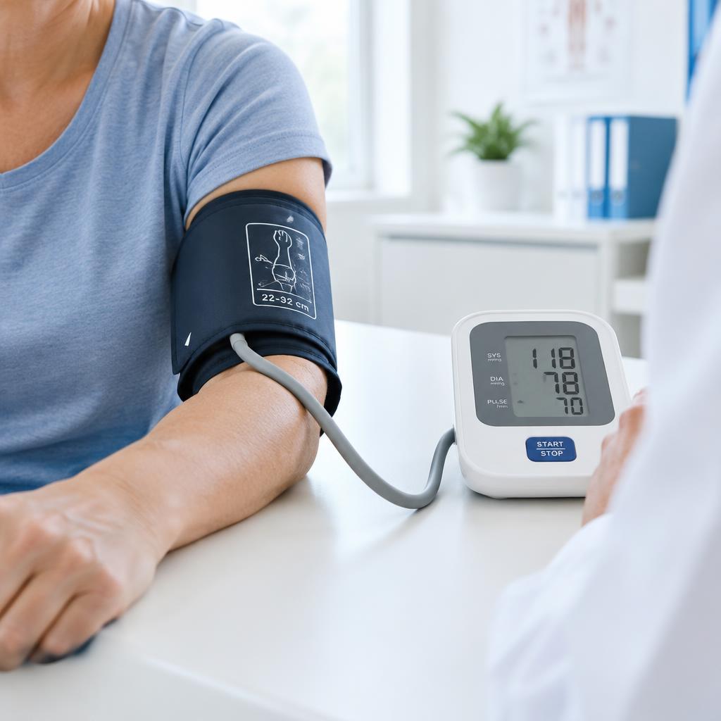 A blood pressure monitor cuff on a patient's arm