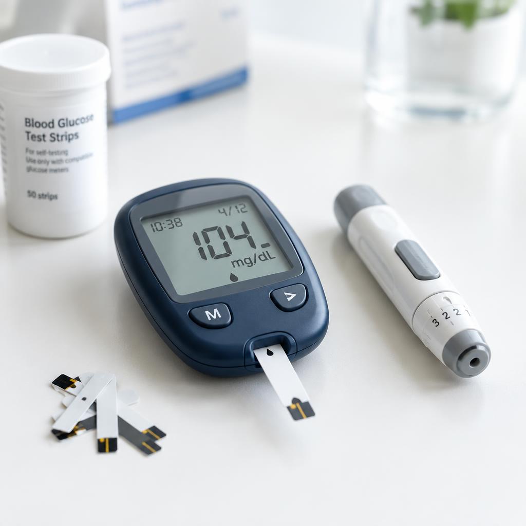 A blood glucose meter, lancet and test strips on a clean surface