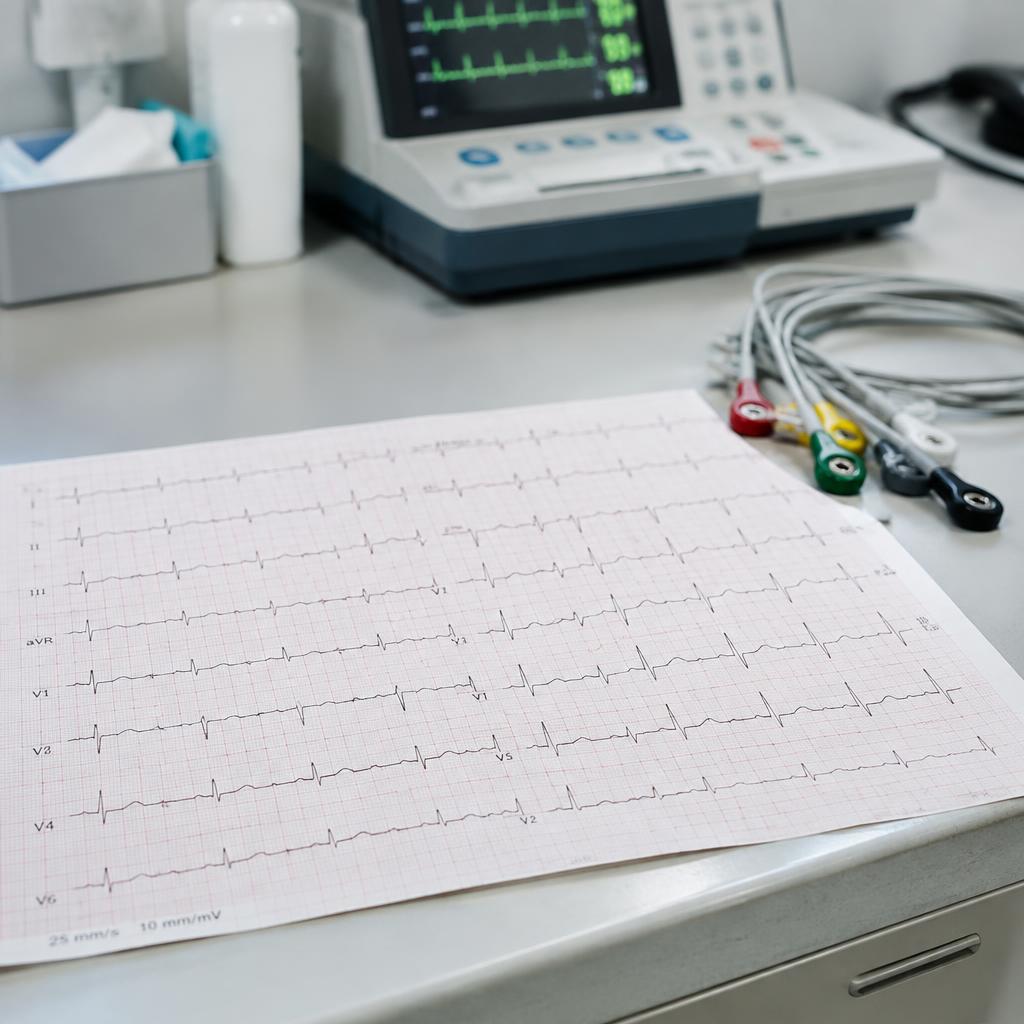 An ECG printout with electrode leads on a clinic desk