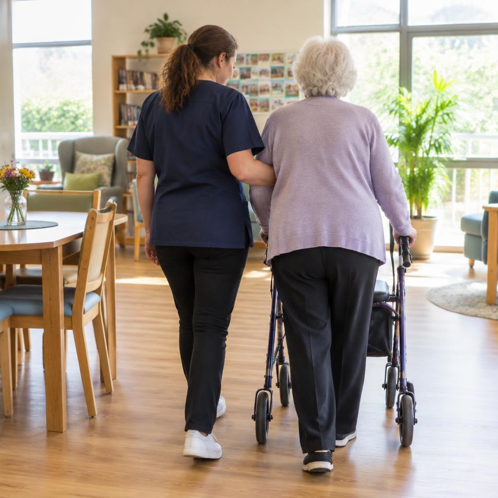 A carer walking alongside an older person using a walking frame
