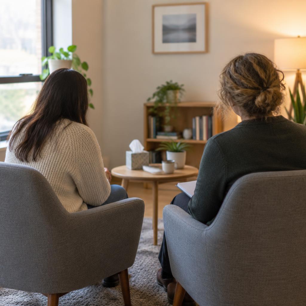 Two people in a calm supportive counselling conversation
