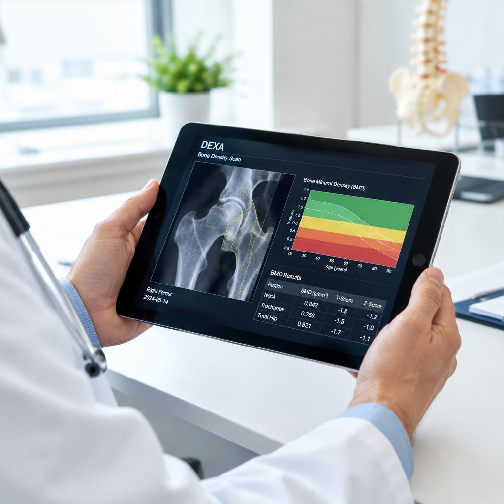 A doctor reviewing a bone density DEXA scan on a tablet