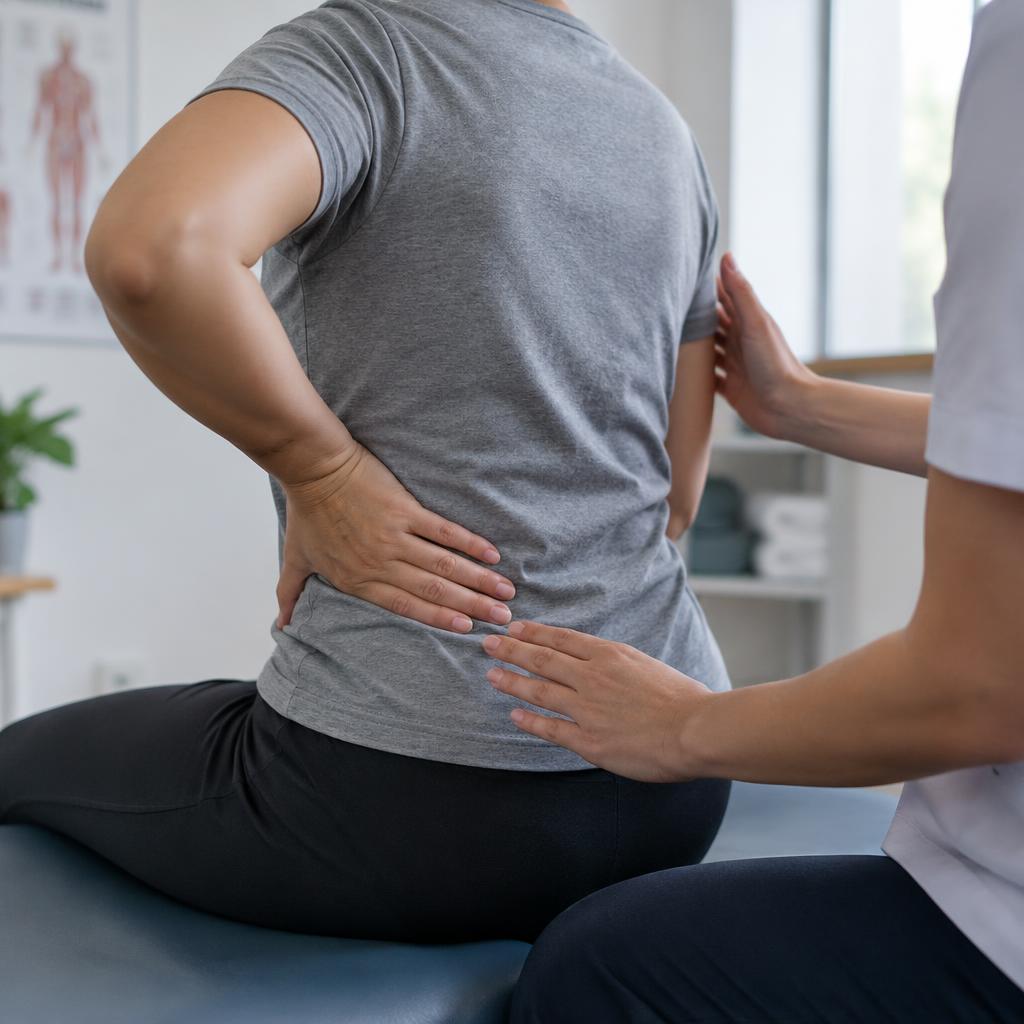 A person holding their lower back while a therapist provides support
