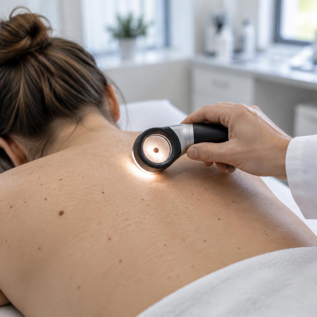 A clinician examining a mole on a patient's back with a dermatoscope