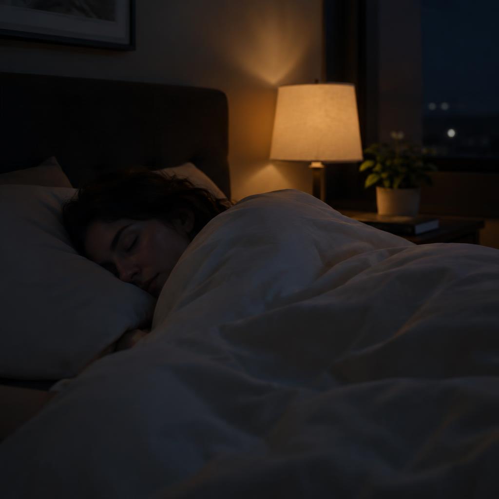 A person sleeping peacefully in a dark bedroom