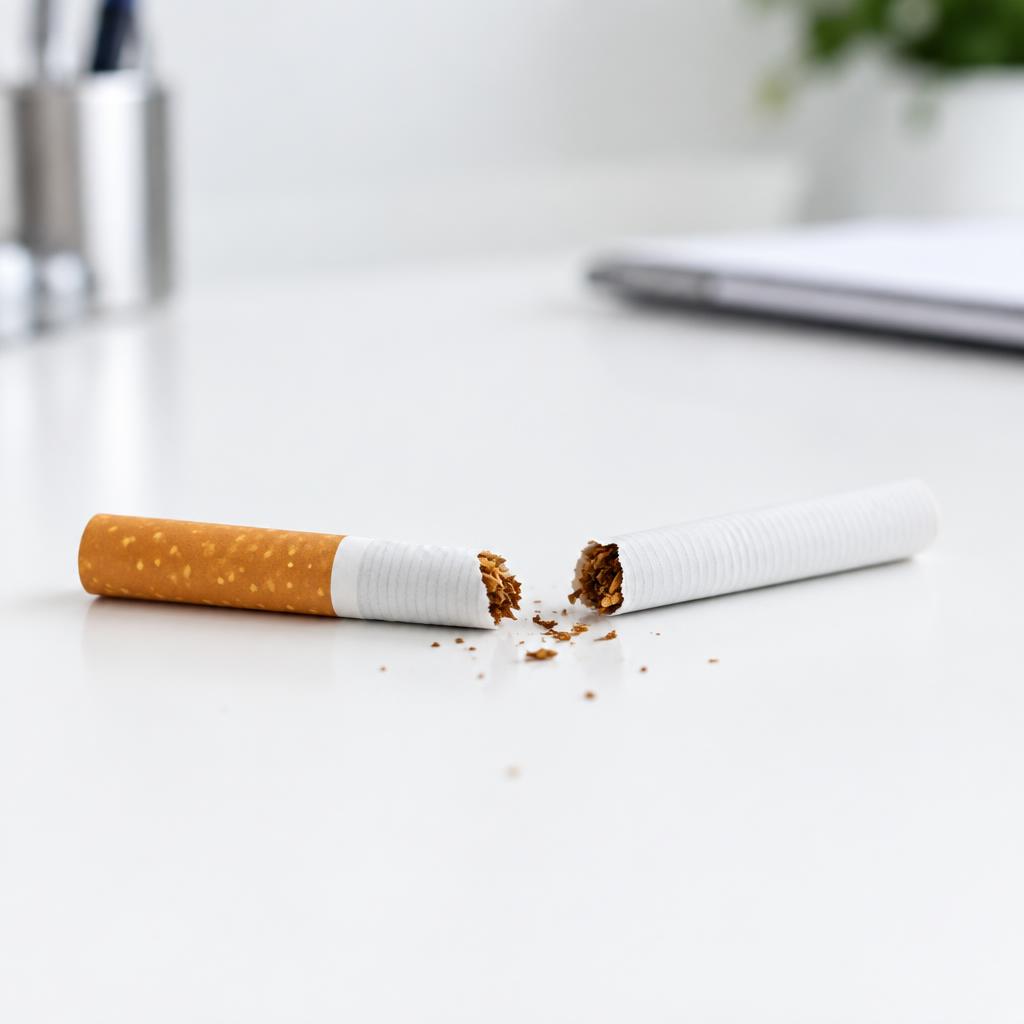 A cigarette broken in two on a clean surface, symbolising quitting