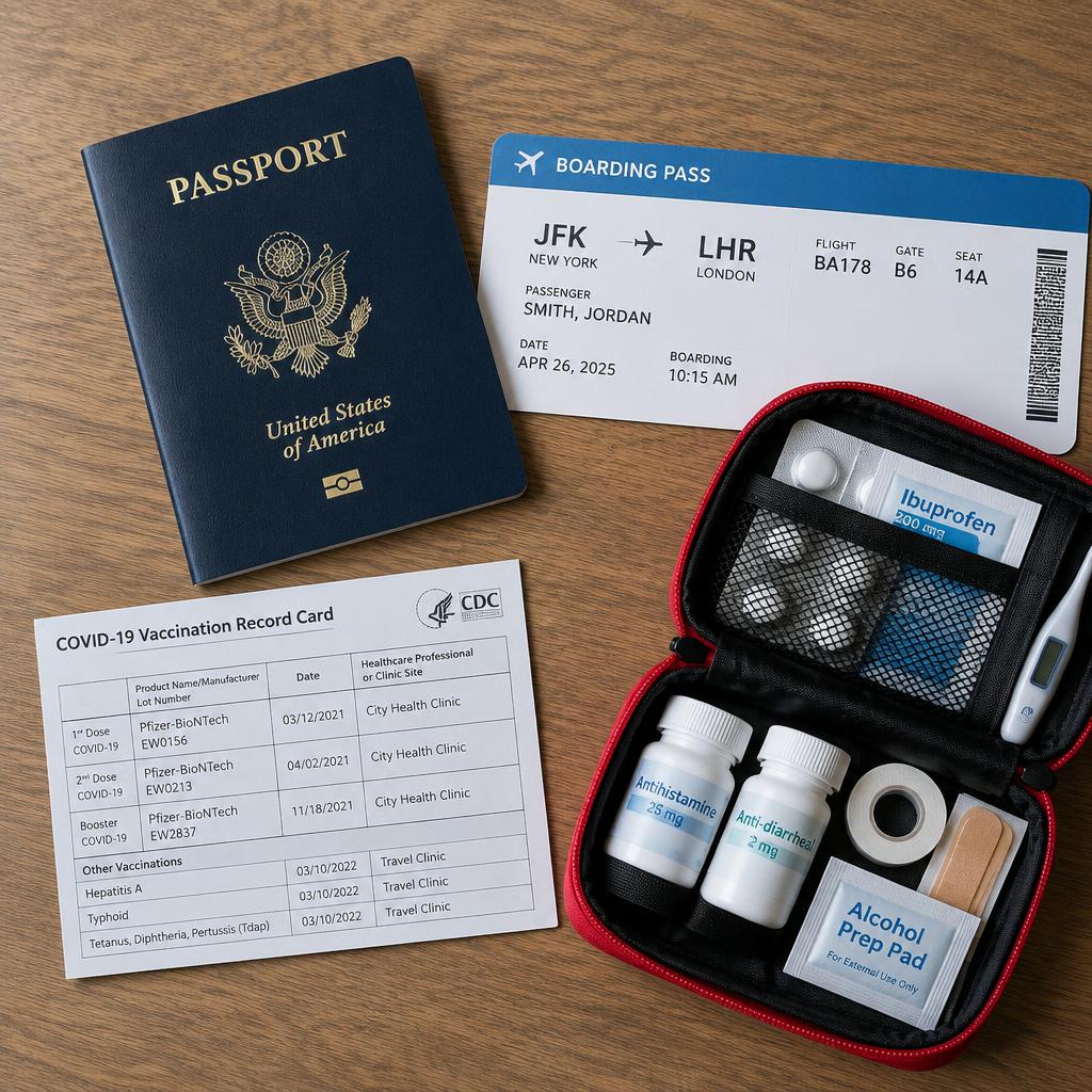A passport, boarding pass and travel medicine kit on a table