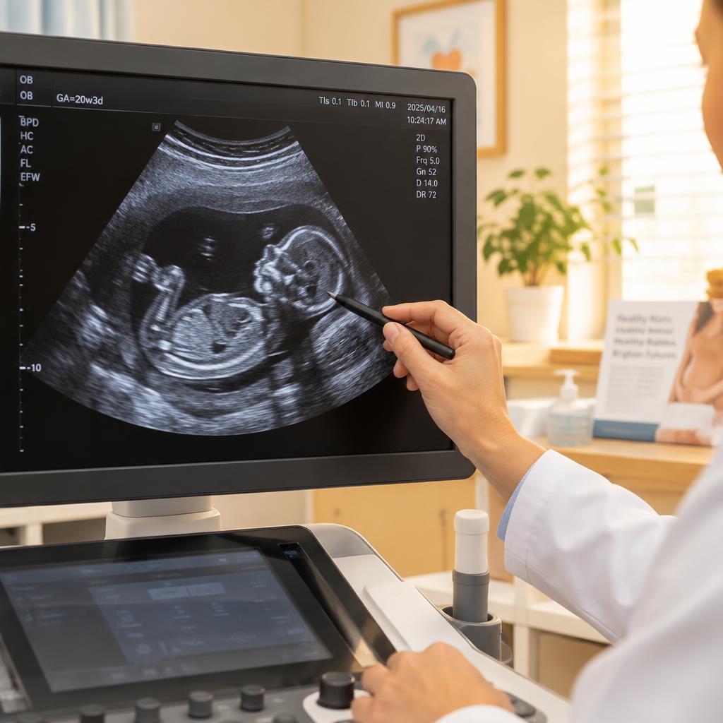 An obstetric ultrasound scan image on a clinic monitor