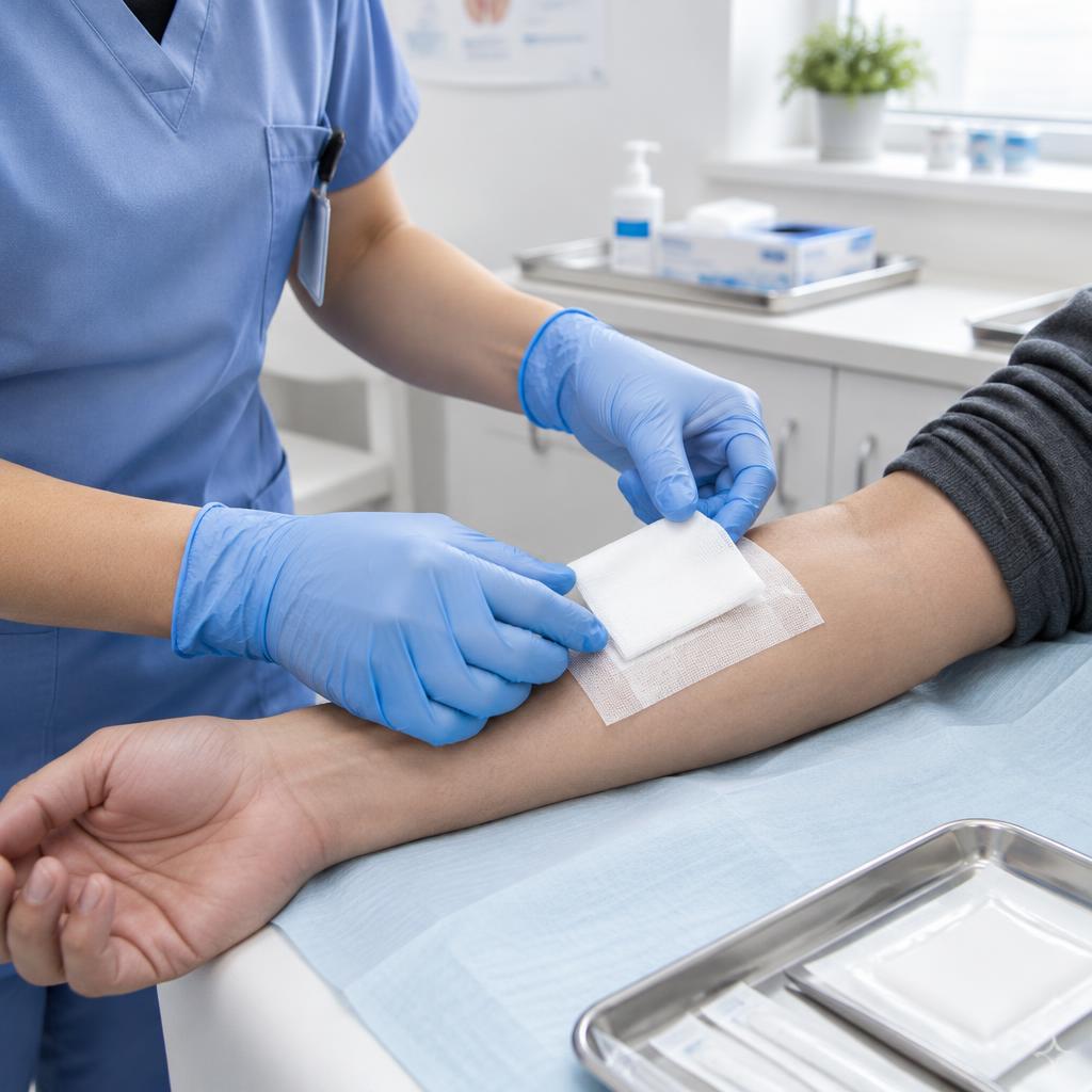 A nurse applying a sterile dressing to a patient's forearm